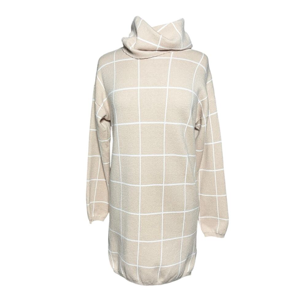 GOODNIGHT MACAROON Tan Checked Turtleneck Pullover Sweater Dress